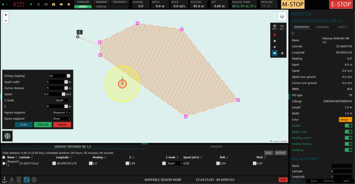 Nauticus ToolKITT™ interface: mission setup with a VideoRay Defender Mk 1.0 in mappable region mode, showing survey area, waypoints, vehicle telemetry and control panels